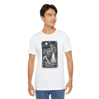 DailyThreadCo. white crew neck t-shirt with vintage Strength tarot card illustration of a woman and lion.