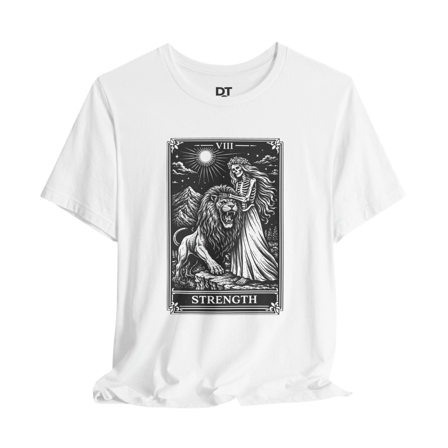 DailyThreadCo. white 100% cotton t-shirt with vintage Strength tarot card illustration of a skeleton woman and lion.