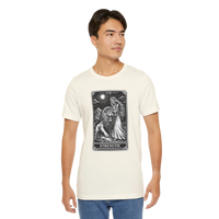 DailyThreadCo. cream 100% cotton t-shirt with vintage Strength tarot card illustration of a woman and lion.