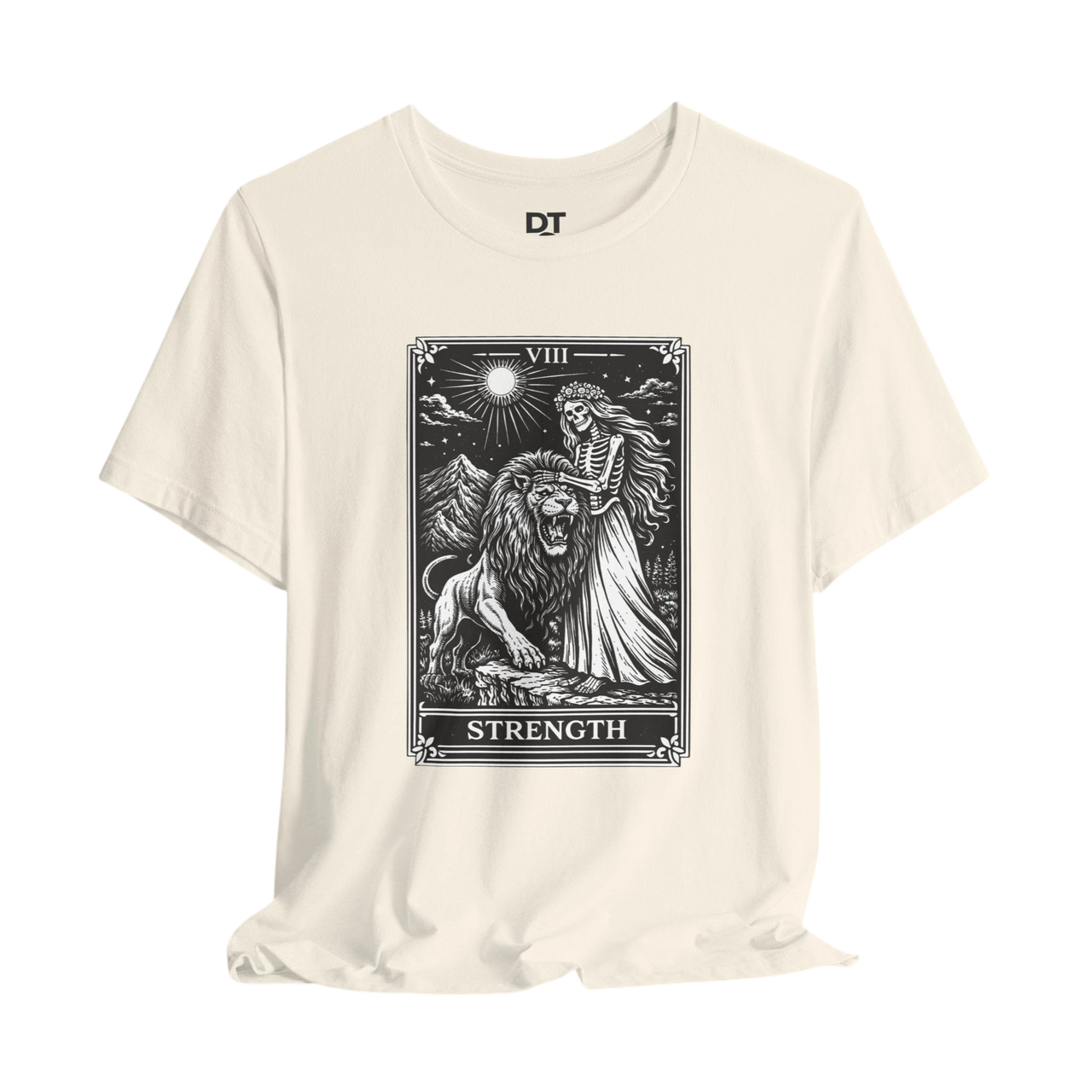DailyThreadCo. cream 100% cotton t-shirt with vintage Strength tarot card illustration of a skeleton woman with a lion.