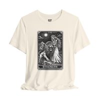 DailyThreadCo. cream 100% cotton t-shirt with vintage Strength tarot card illustration of a skeleton woman with a lion.