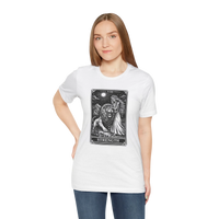 DailyThreadCo. white 100% cotton t-shirt with vintage Strength tarot card illustration of a woman and lion.