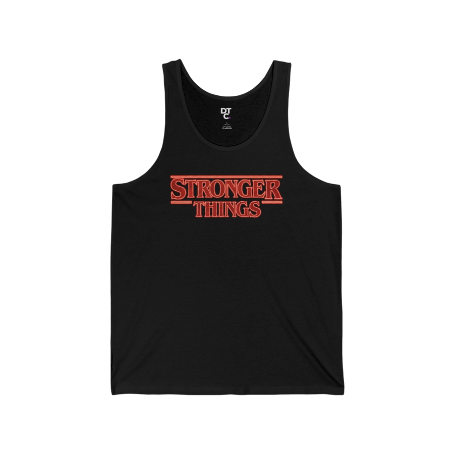 DailyThreadCo. black cotton tank top with red retro "STRONGER THINGS" chest print. Lightweight, retail fit.