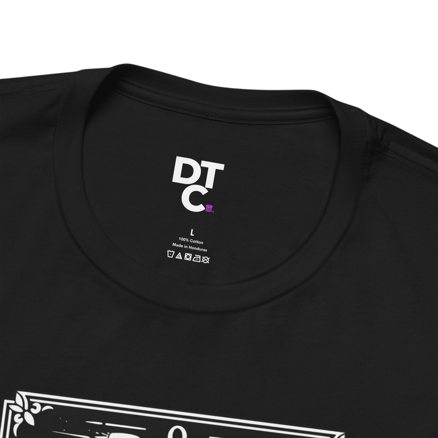 DailyThreadCo. black 100% cotton tarot 'The Fool' graphic tee with mystical illustration and celestial symbols.