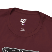 DailyThreadCo. maroon 100% cotton t-shirt with 'The Lovers' tarot card graphic and DT C logo on the tag.