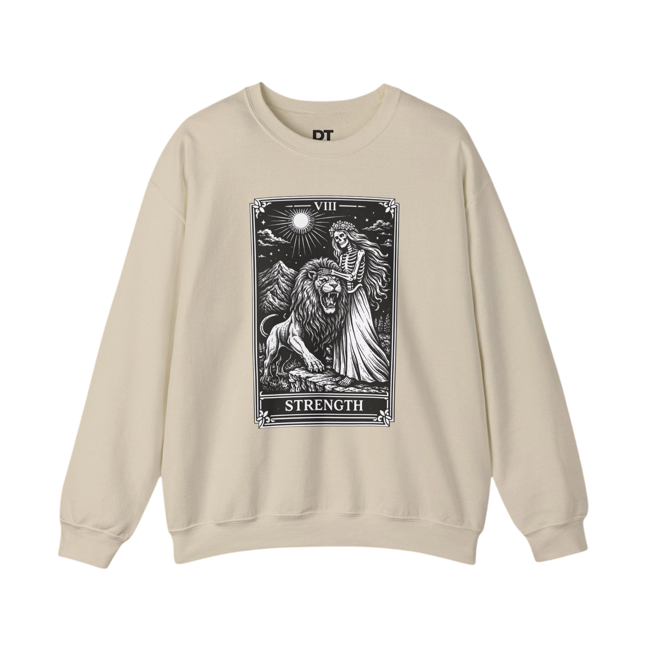 DailyThreadCo. beige crewneck sweatshirt with a black tarot strength card graphic featuring a skeleton woman and a lion.