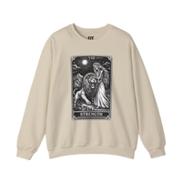 DailyThreadCo. beige crewneck sweatshirt with a black tarot strength card graphic featuring a skeleton woman and a lion.