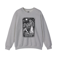 DailyThreadCo. grey heather crewneck sweatshirt with a black tarot strength card graphic featuring a skeleton woman and a lion.