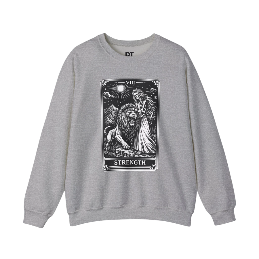 DailyThreadCo. grey heather crewneck sweatshirt with a black tarot strength card graphic featuring a skeleton woman and a lion.
