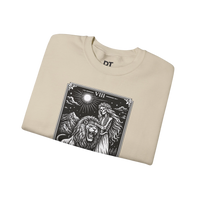 DailyThreadCo. cream crewneck sweatshirt with a black tarot card graphic of a skeleton woman with a lion and mountains.