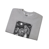 DailyThreadCo. grey crewneck sweatshirt with a black tarot strength card graphic featuring a skeleton woman and a lion.