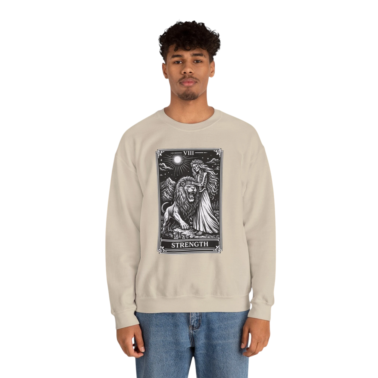 DailyThreadCo. beige crewneck sweatshirt with a black tarot strength card graphic featuring a woman and a lion.