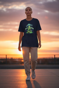 DailyThreadCo. navy blue cotton t-shirt with a graphic of a UFO beaming up a cannabis plant under a starry sky with the words 