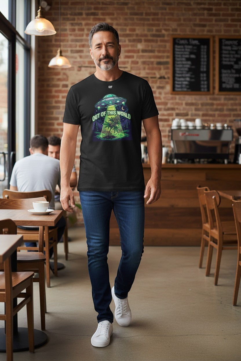 DailyThreadCo black cotton t-shirt with a graphic of a UFO beaming up a cannabis plant under a starry sky.