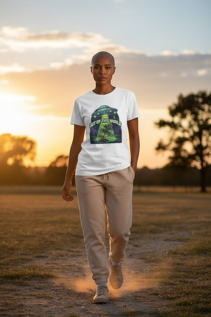 DailyThreadCo white cotton t-shirt with UFO abducting cannabis plant graphic and "OUT OF THIS WORLD" text.