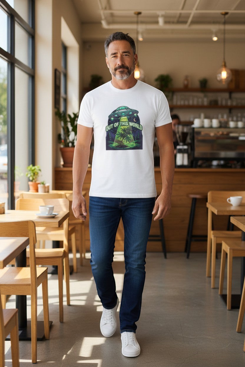 DailyThreadCo white cotton t-shirt with UFO abducting a cannabis plant graphic and "OUT OF THIS WORLD" text.