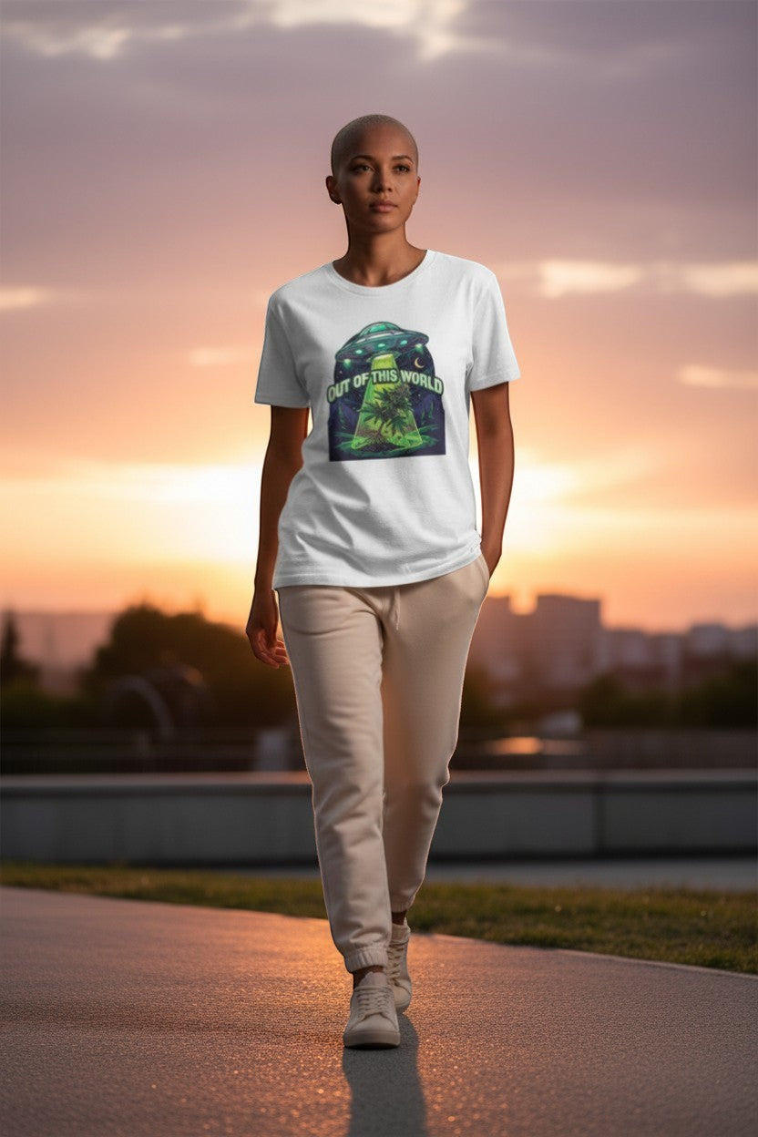 DailyThreadCo. white cotton t-shirt with a graphic of a UFO beaming up a cannabis plant under a starry sky.