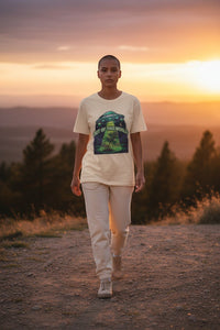 DailyThreadCo. cream cotton t-shirt with a graphic of a UFO beaming up a cannabis plant under a starry sky with text 