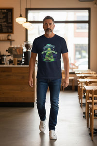 DailyThreadCo. navy blue cotton t-shirt with a graphic of a UFO beaming up a cannabis plant under a starry sky, text reads 