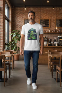 DailyThreadCo. white cotton t-shirt with a graphic of a UFO beaming up a cannabis plant under a starry sky.