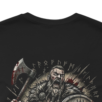 DailyThreadCo. black 100% cotton t-shirt with a fierce Viking warrior graphic and runes. Crew neck, short sleeves.
