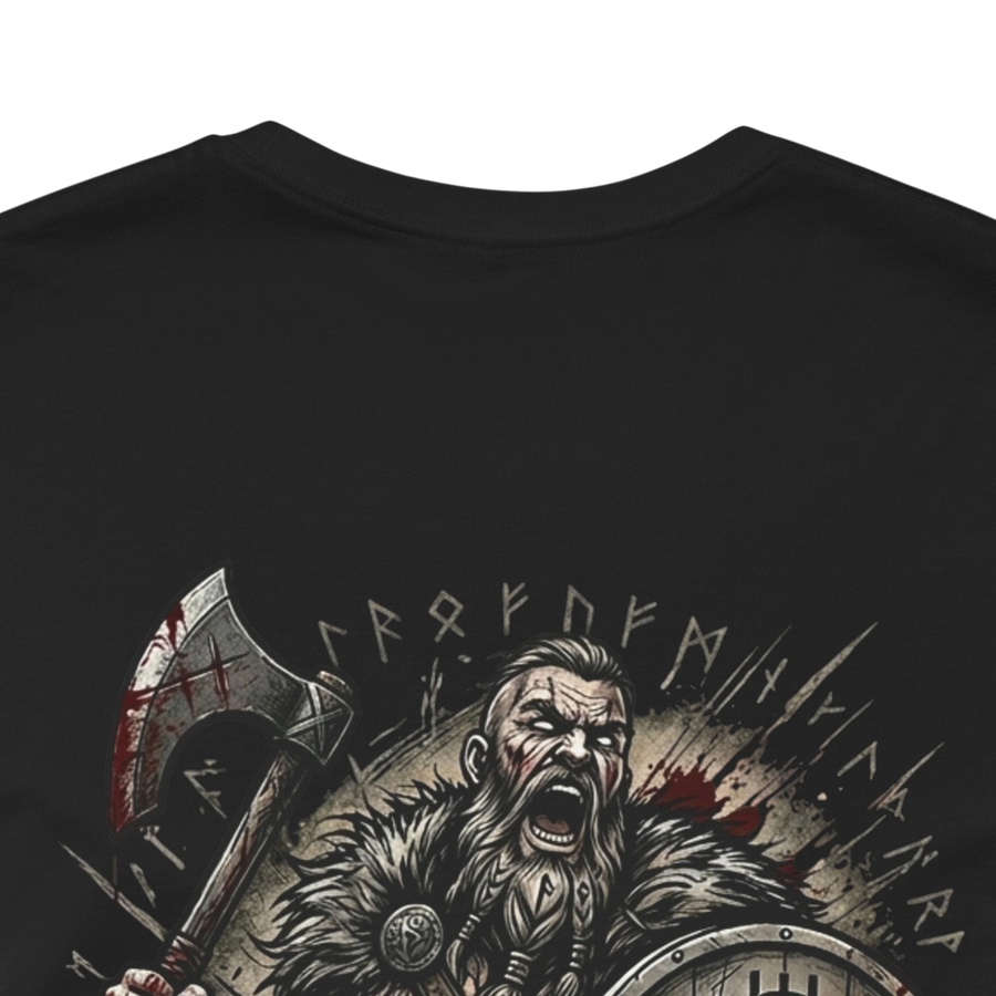 DailyThreadCo. black 100% cotton t-shirt with a fierce Viking warrior graphic and runes. Crew neck, short sleeves.