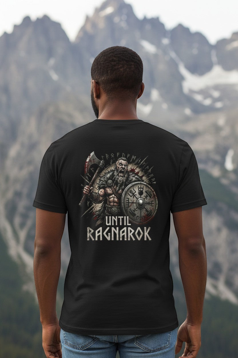 DailyThreadCo. black 100% cotton t-shirt with a Viking warrior graphic and "Until Ragnarok" text on the back.