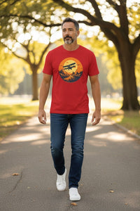 DailyThreadCo. red cotton t-shirt with vintage biplane graphic over desert sunset landscape.