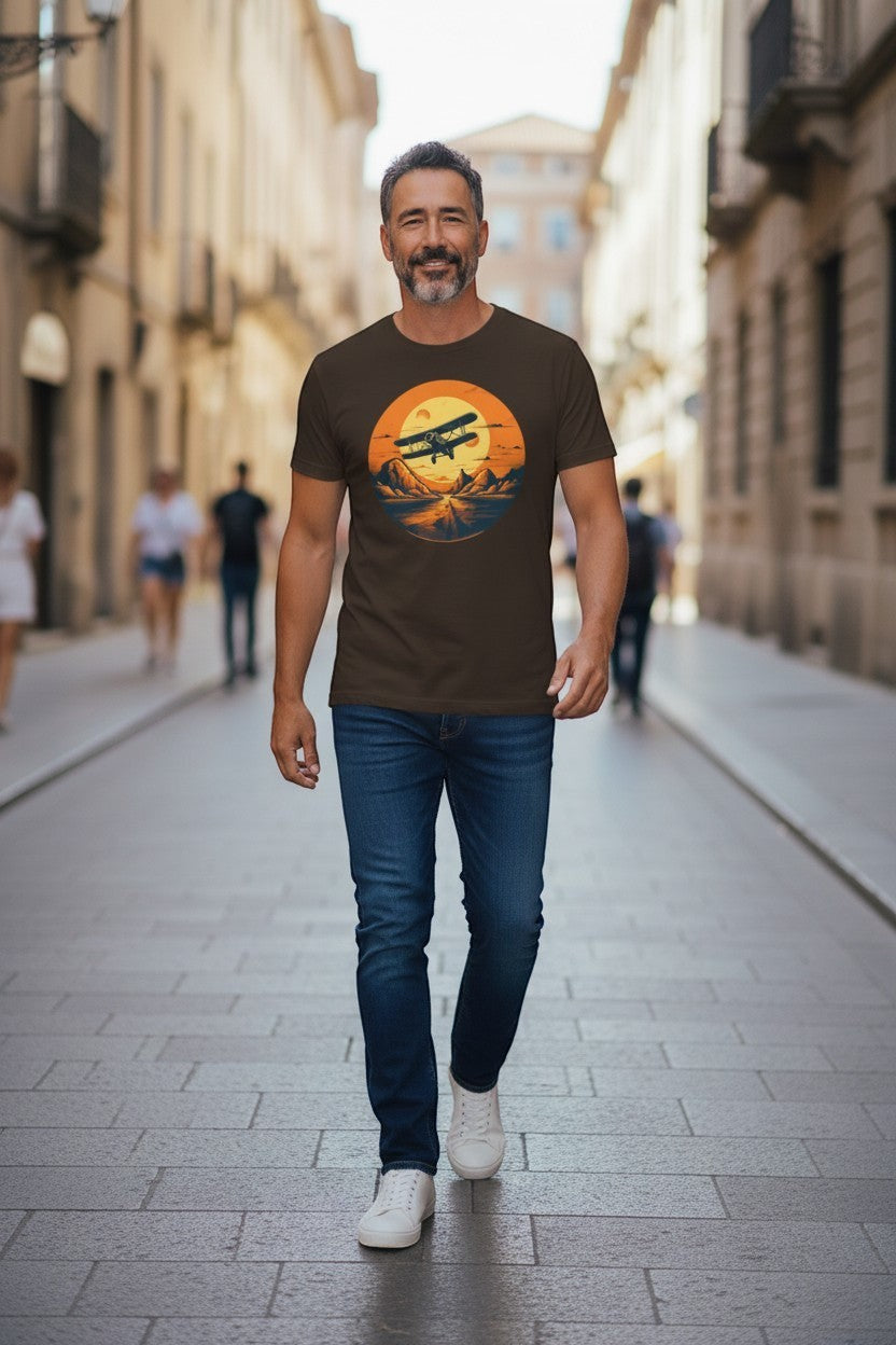 DailyThreadCo. brown 100% cotton t-shirt with vintage biplane graphic over desert sunset landscape.