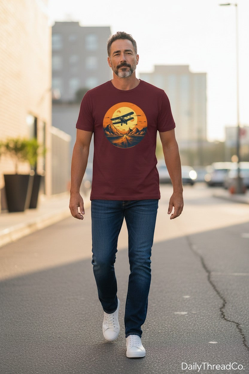 DailyThreadCo. maroon cotton t-shirt with vintage biplane graphic over desert sunset landscape.