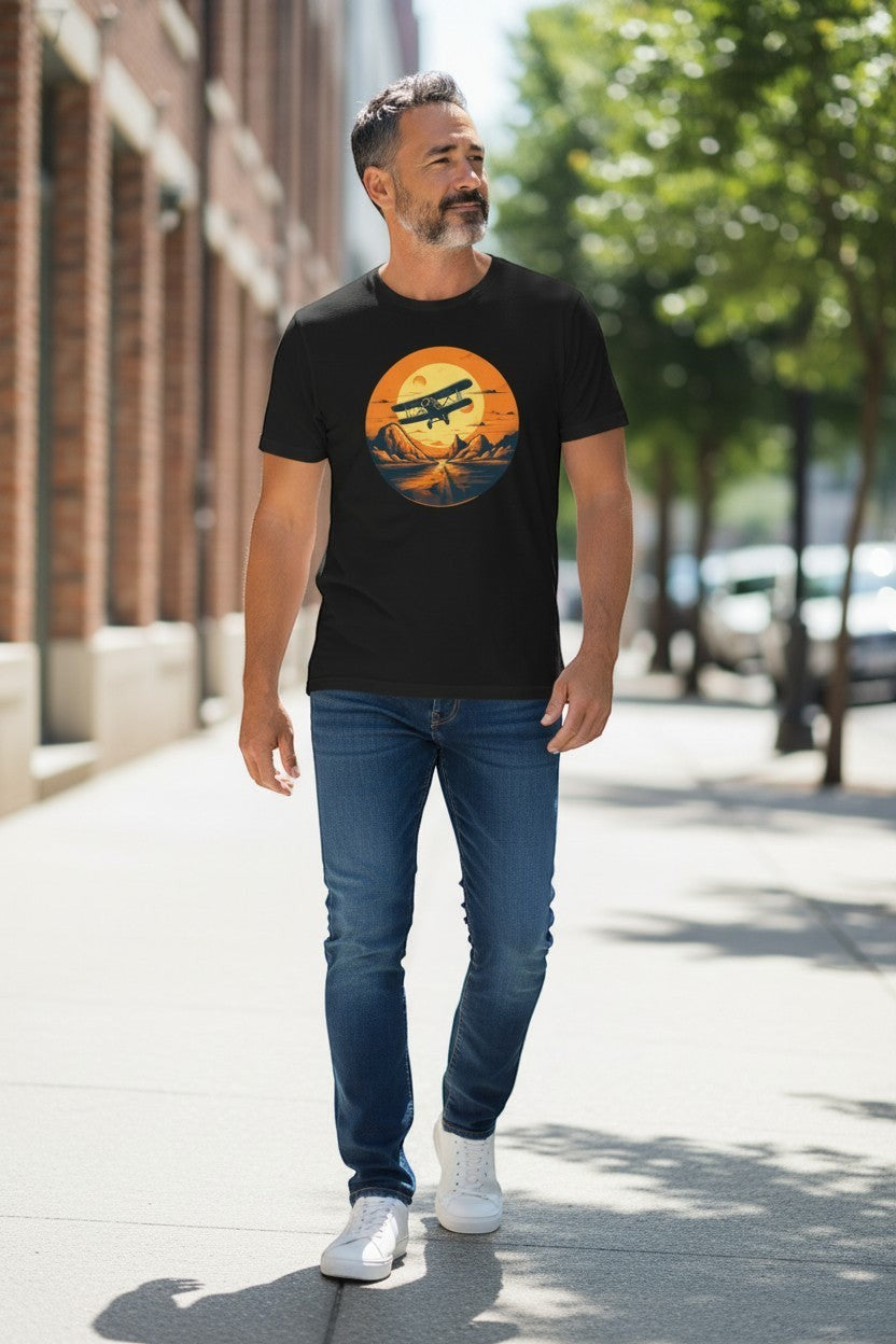 DailyThreadCo. black cotton t-shirt with vintage biplane graphic over desert sunset and mountains.