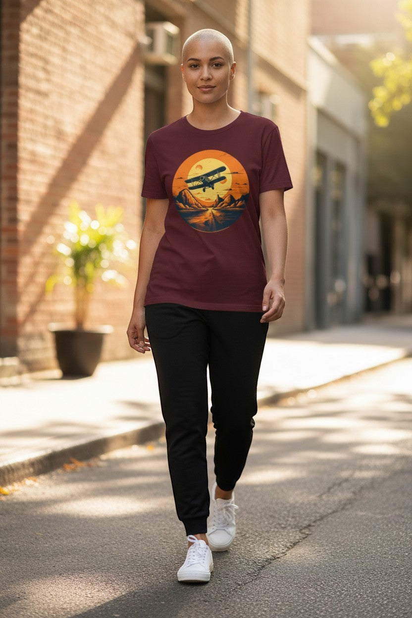 DailyThreadCo. maroon cotton t-shirt with vintage biplane graphic over desert sunset landscape.