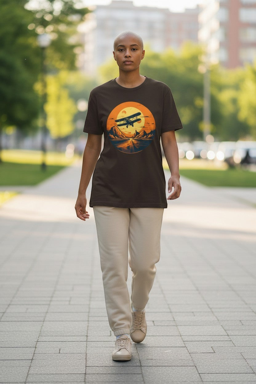 DailyThreadCo. brown 100% cotton t-shirt with vintage biplane graphic over desert sunset and mountains.