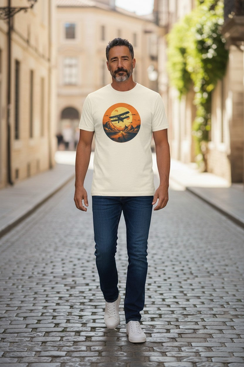 DailyThreadCo. cream cotton t-shirt with vintage biplane graphic over desert sunset landscape.