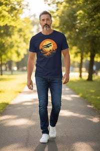 DailyThreadCo. navy blue cotton t-shirt with vintage biplane graphic over desert sunset