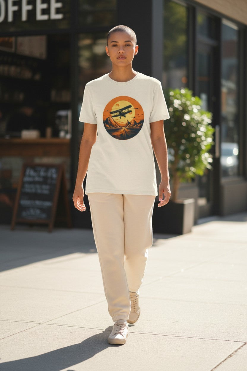 DailyThreadCo. cream cotton t-shirt with vintage biplane graphic over desert sunset landscape.