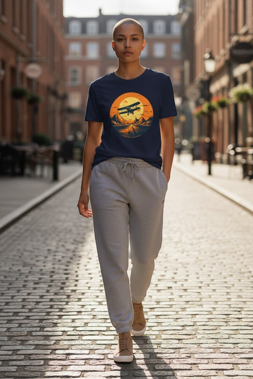 DailyThreadCo. navy blue 100% cotton t-shirt with vintage biplane graphic over desert sunset