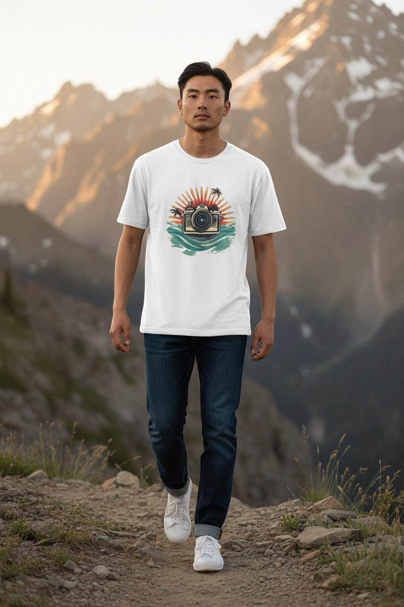 Camera Sunset Tee — Vintage Beach Photography T-Shirt