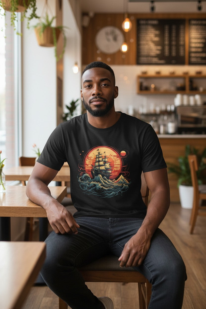DailyThreadCo. black cotton t-shirt with vintage sailing ship graphic on a sunset sea. Crew neck, short sleeves.