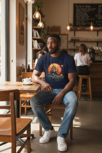 DailyThreadCo. navy blue cotton t-shirt with vintage sailing ship graphic at sunset.