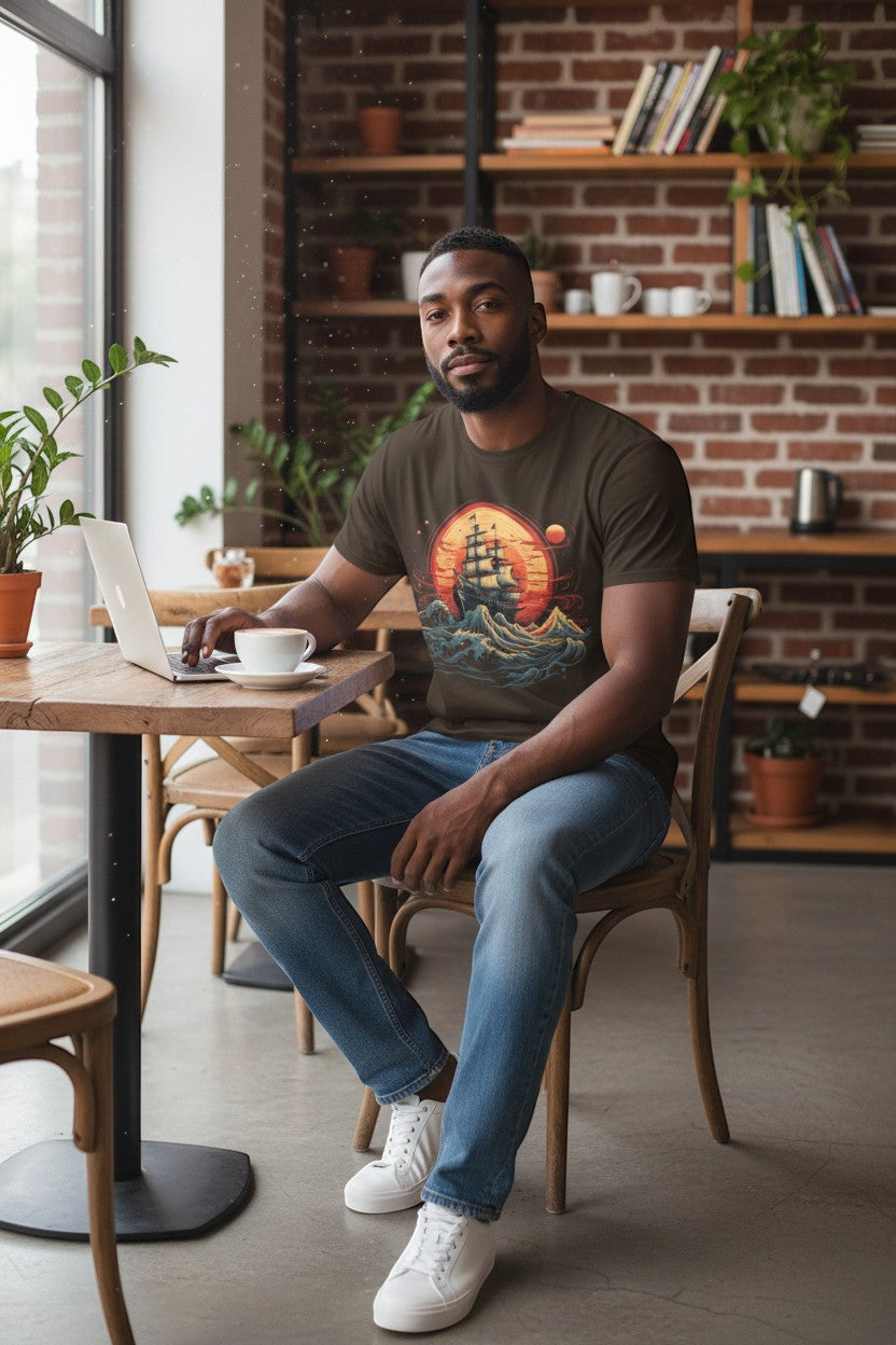 DailyThreadCo. brown 100% cotton t-shirt with vintage sailing ship graphic at sunset.