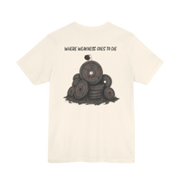 DailyThreadCo. cream 100% cotton t-shirt with a graphic of stacked weight plates and the text 