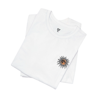 DailyThreadCo. white 100% cotton tee with a celestial sun and moon graphic on the chest.