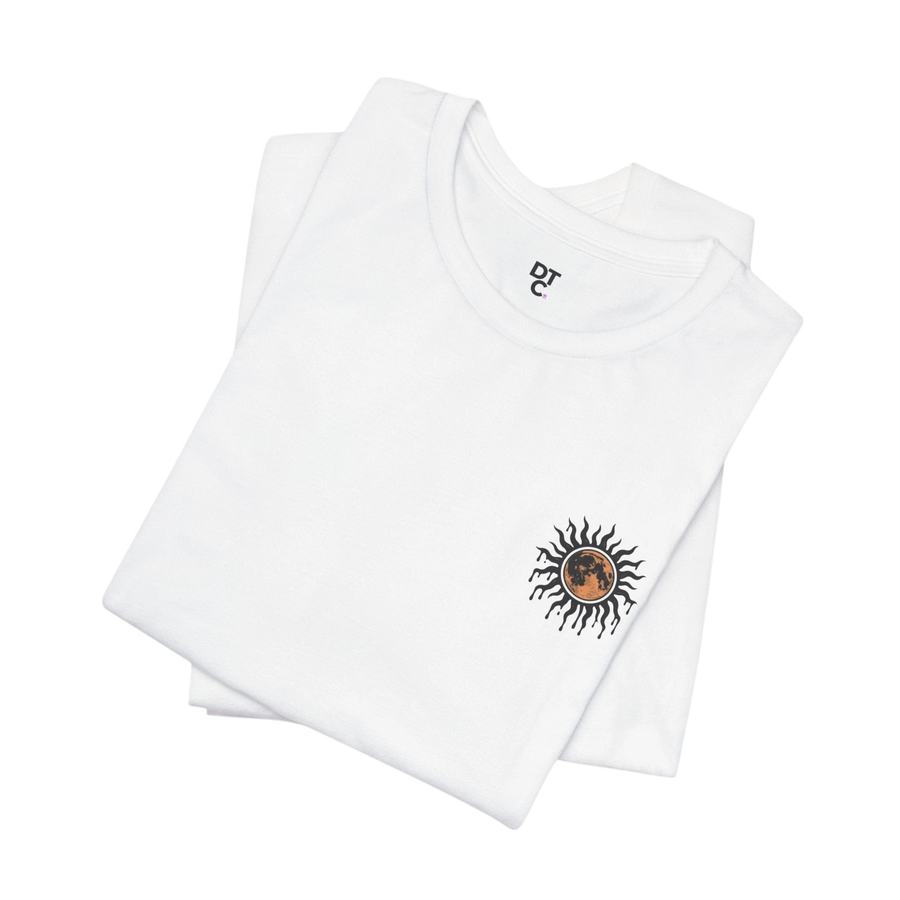 DailyThreadCo. white 100% cotton tee with a celestial sun and moon graphic on the chest.