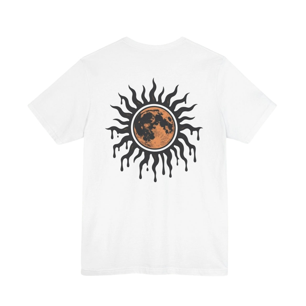 DailyThreadCo. white 100% cotton t-shirt with a black and orange celestial sun and moon graphic on the back.