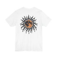 DailyThreadCo. white 100% cotton t-shirt with a black and orange celestial sun and moon graphic on the back.