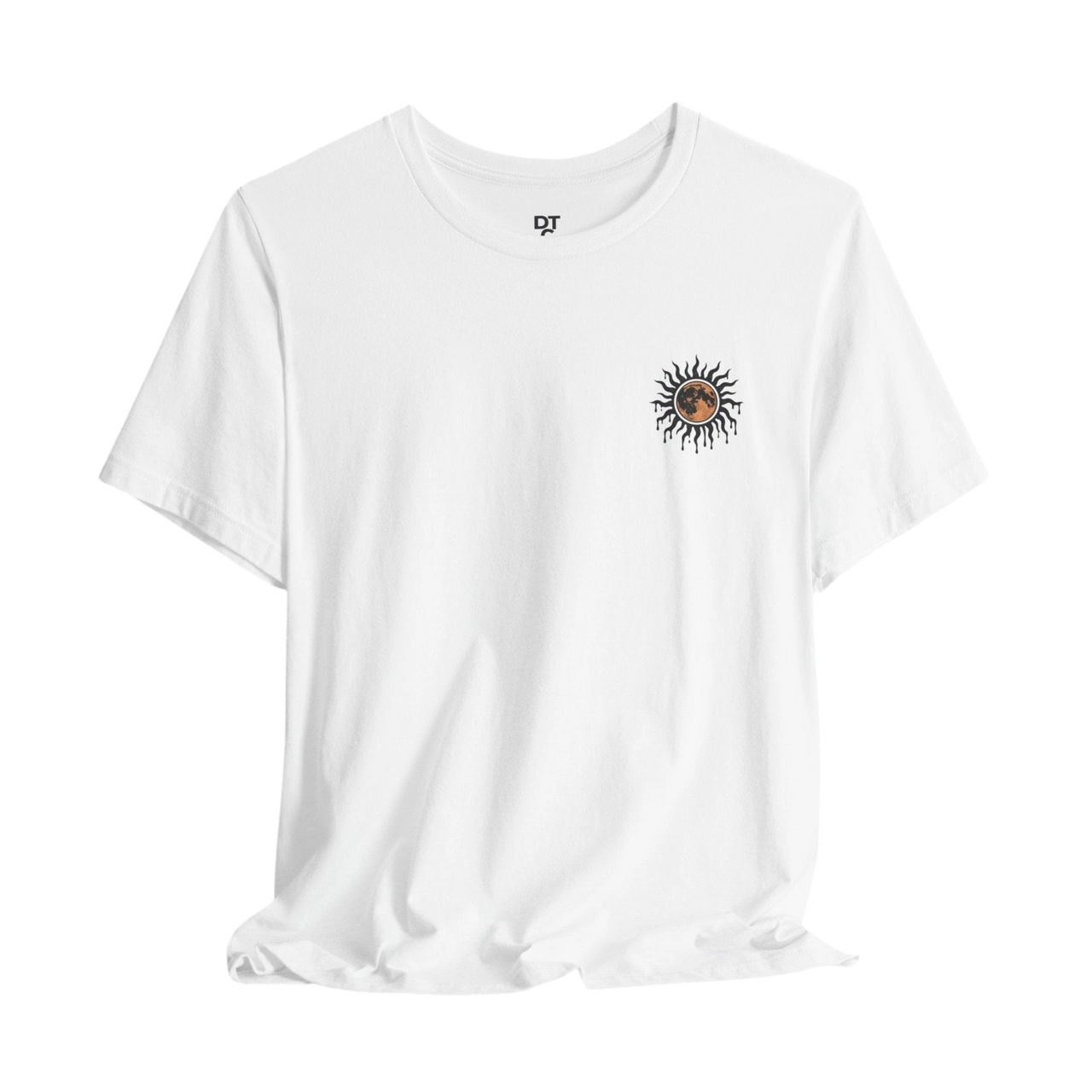 DailyThreadCo. white 100% cotton t-shirt with a celestial sun and moon graphic on the chest.
