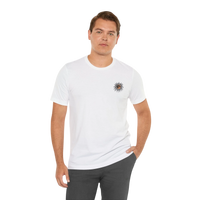 DailyThreadCo. white 100% cotton crewneck tee with a small celestial sun and moon graphic on the left chest.