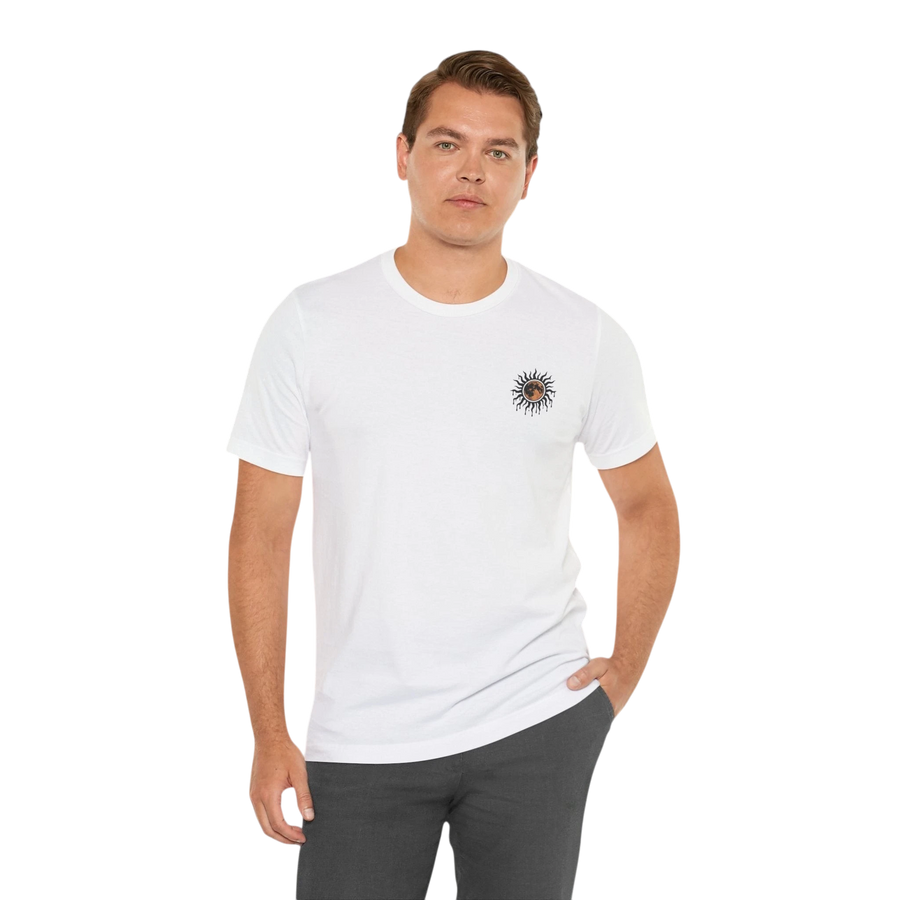 DailyThreadCo. white 100% cotton crewneck tee with a small celestial sun and moon graphic on the left chest.