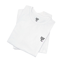 DailyThreadCo. white 100% cotton crew neck t-shirt with small black DTC logo on chest, perfect for fitness.